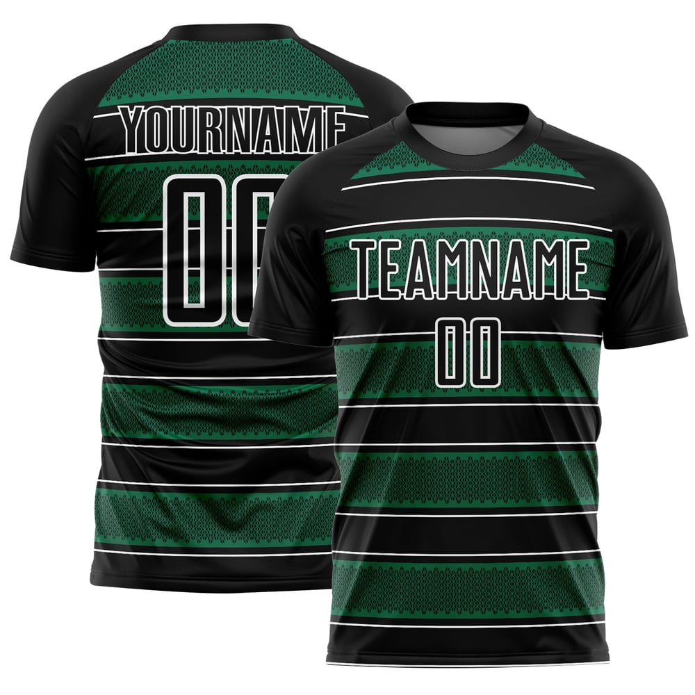 Camiseta de fútbol personalizada con sublimación de líneas y formas geométricas en verde Kelly y blanco, color negro