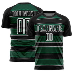 Camiseta de fútbol personalizada con sublimación de líneas y formas geométricas en verde Kelly y blanco, color negro