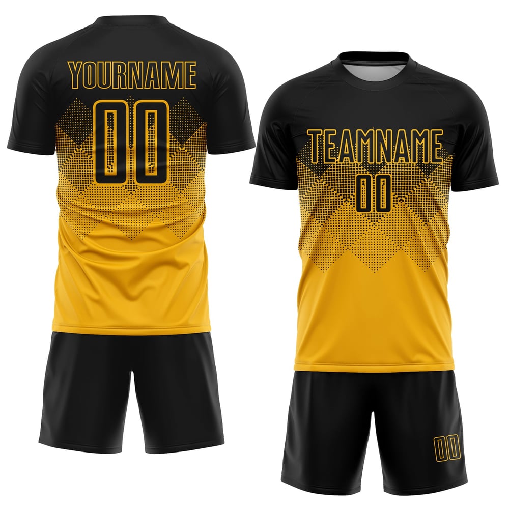 Maglia da calcio personalizzata in oro e nero con stampa a sublimazione