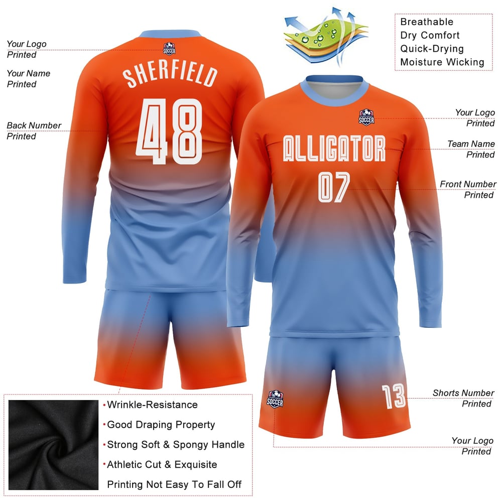 Orange Jersey Custom Uniform Soccer Fashion Sublimation Fade Sleeve White-Light Blue Long