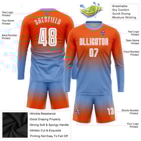 Orange Jersey Custom Uniform Soccer Fashion Sublimation Fade Sleeve White-Light Blue Long