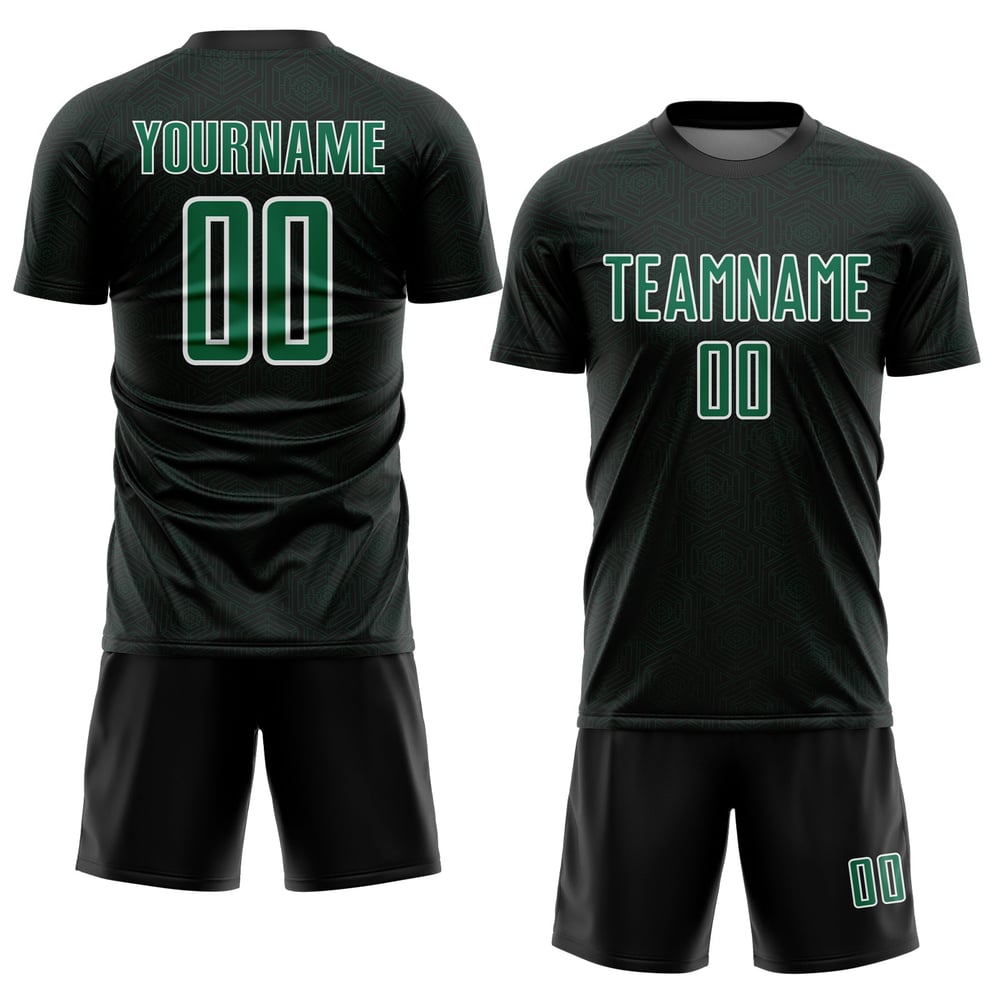 Maglia da calcio con stampa a sublimazione personalizzata Kelly Black Sports Shape verde-bianco geometrica