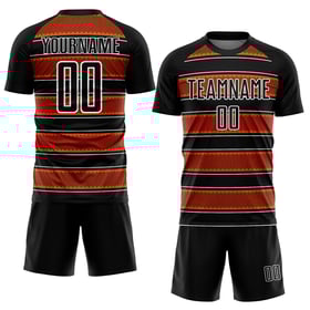 Camiseta de fútbol personalizada con sublimación de líneas y formas geométricas en negro, naranja y blanco