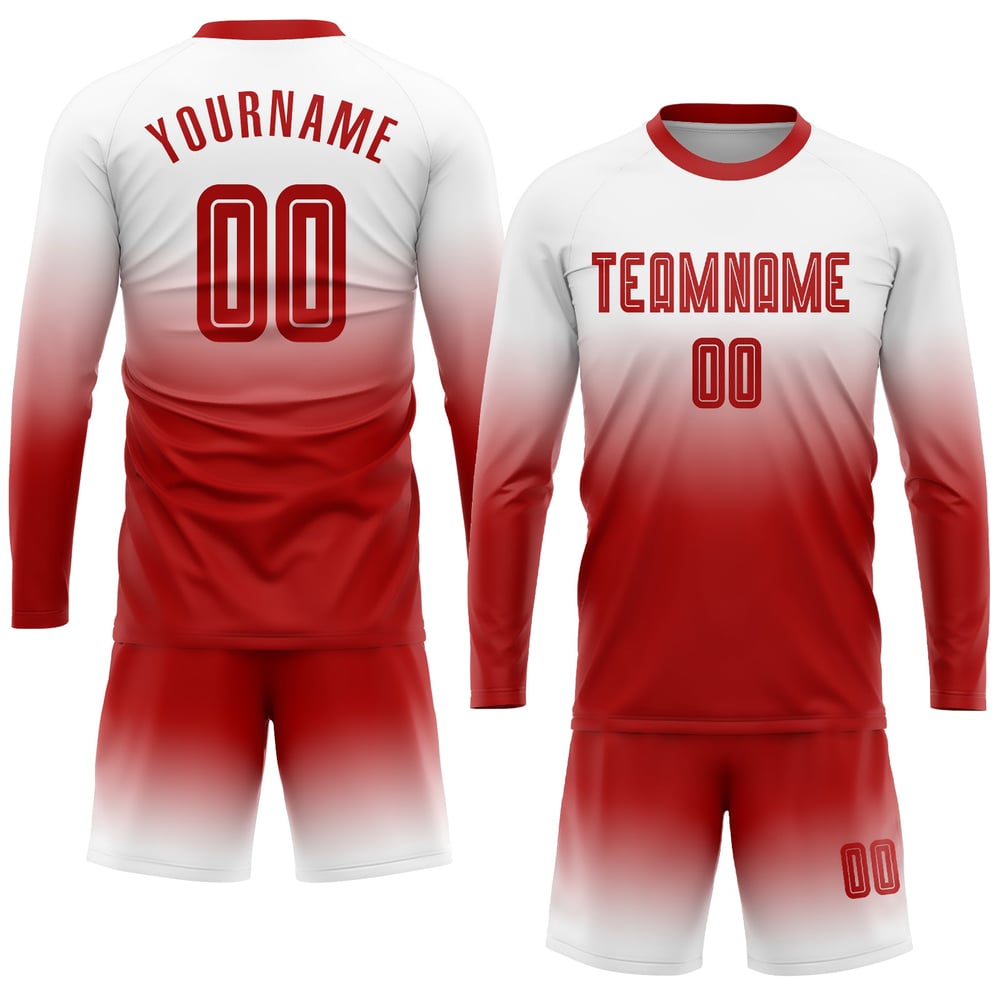 Red Fade Jersey Modeärm Fotboll Lång Vit Uniform Sublimering Anpassad
