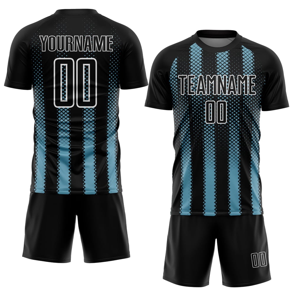 Sublimation Geometrische Schatten Fußball Blau-Weiß Form Custom Jersey Schwarz Uniform