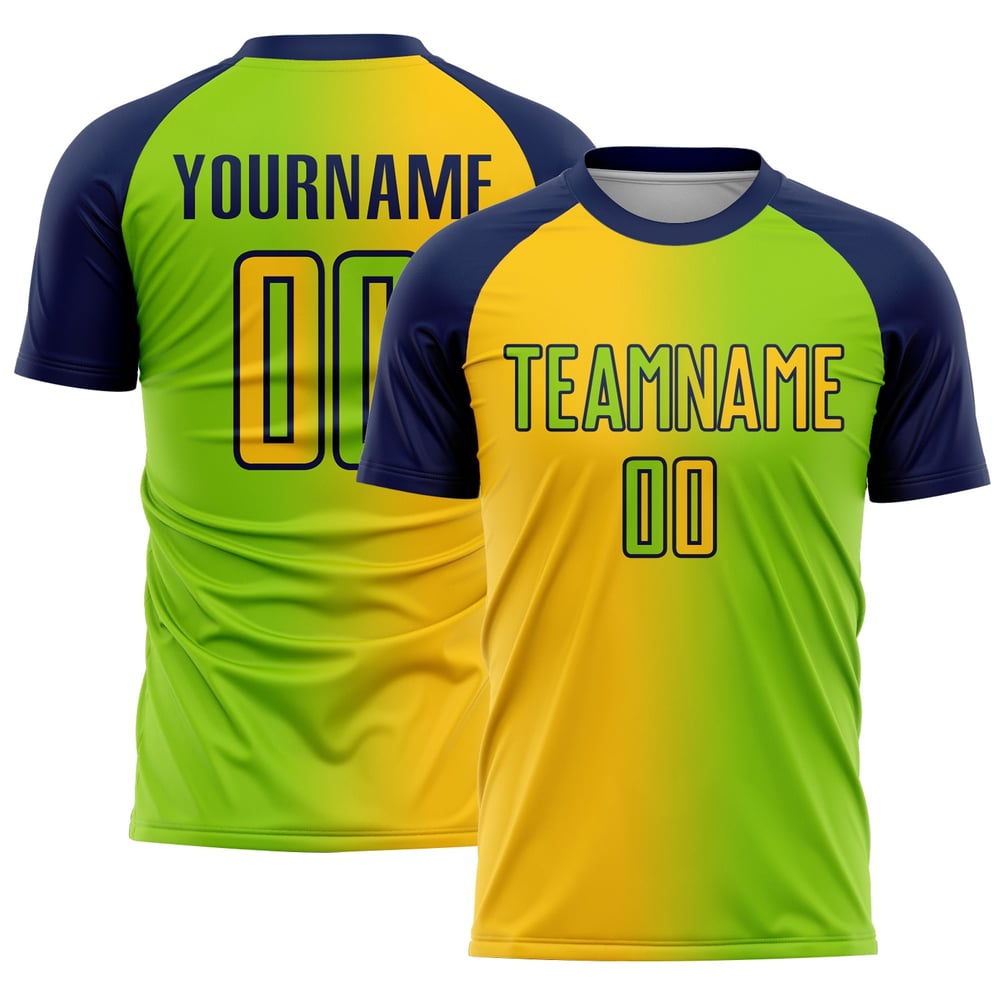 Gradient Neon Grün Jersey Sublimation Fußball Gelb-Navy Custom Uniform Mode
