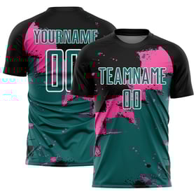 Camiseta de fútbol sublimada en verde azulado y rosa, uniforme personalizado negro