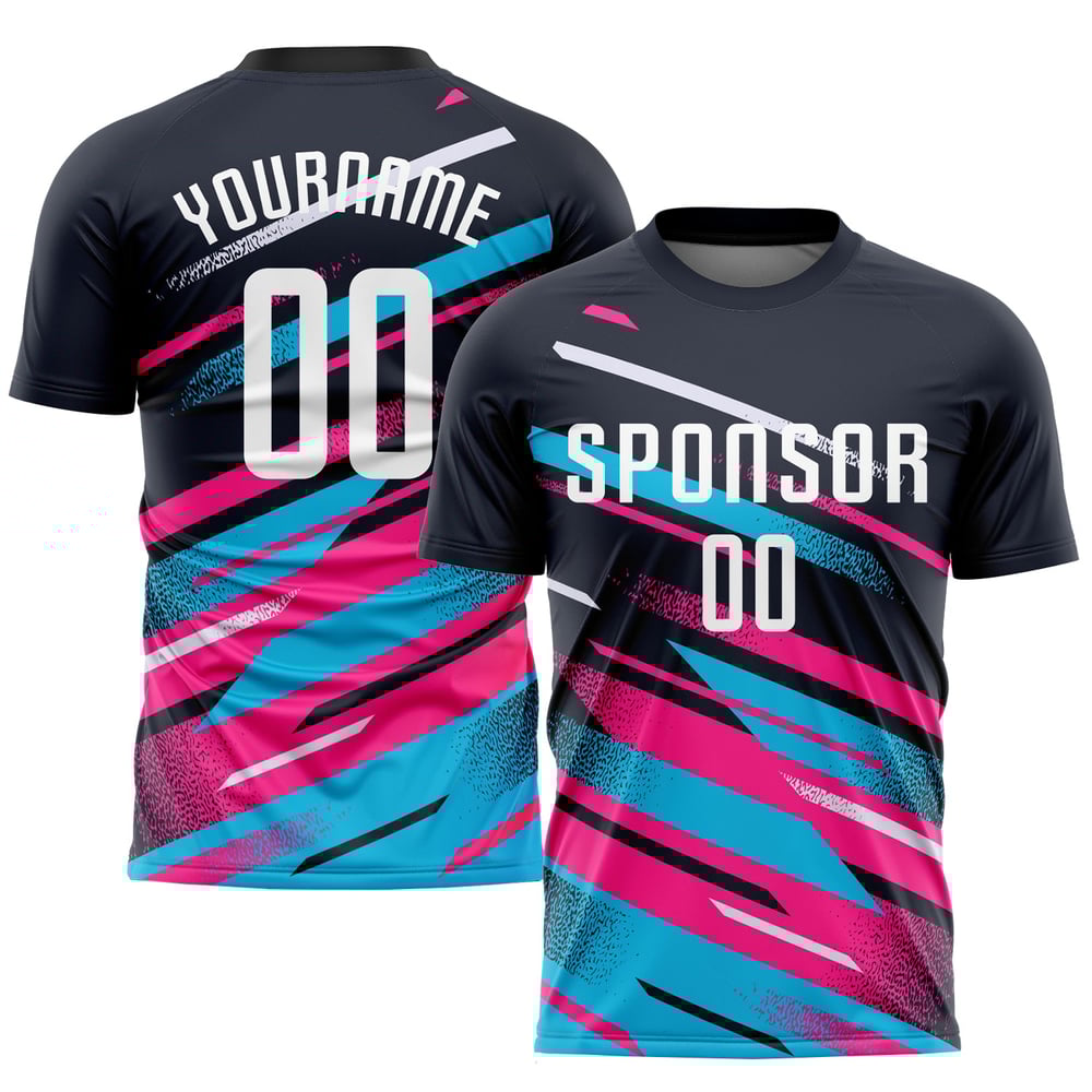 Pink-Light Blue Custom Uniform Soccer Sublimation White Jersey Navy