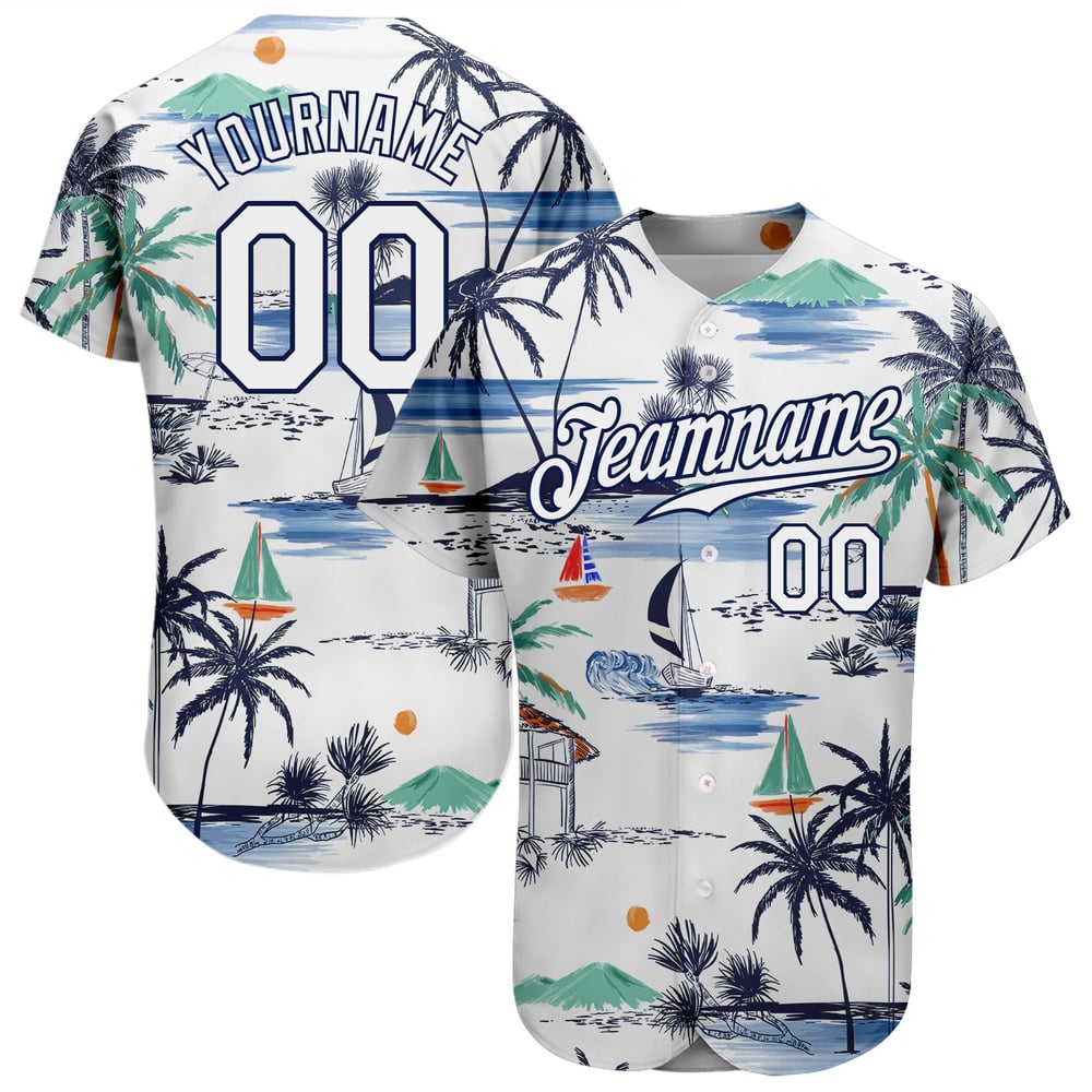 Maglia autentica personalizzata in 3D con motivo a barca a vela bianca da baseball e alberi delle isole Hawaii, design Palm