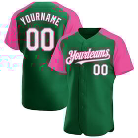 Custom White-Pink Authentic Baseball Jersey Green Sleeves Raglan Kelly