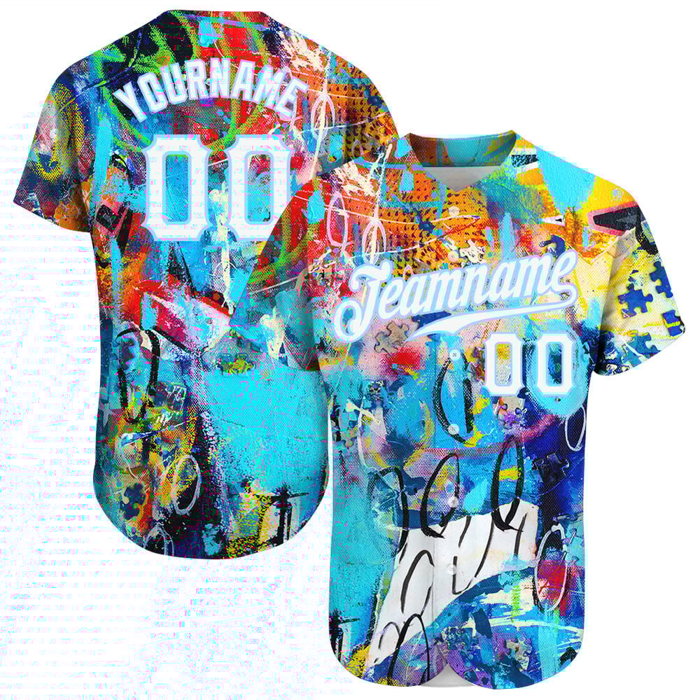 Maglia da baseball personalizzata autentica con graffiti astratti, bianca e blu chiaro, 3D