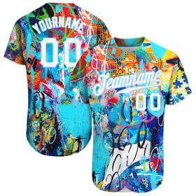 Maglia da baseball personalizzata autentica con graffiti astratti, bianca e blu chiaro, 3D