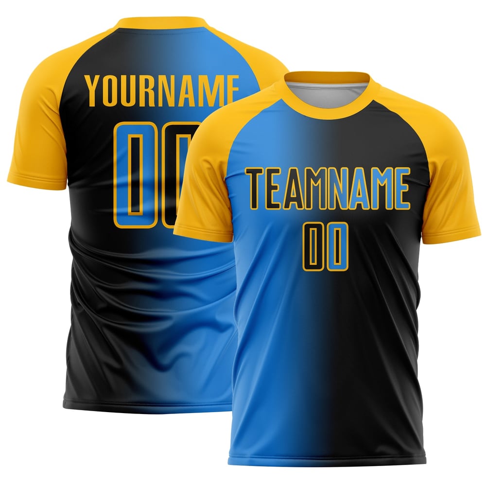 Blau-Gold Mode Uniform Jersey Sublimation Pulver Schwarz Fußball Gradienten Custom