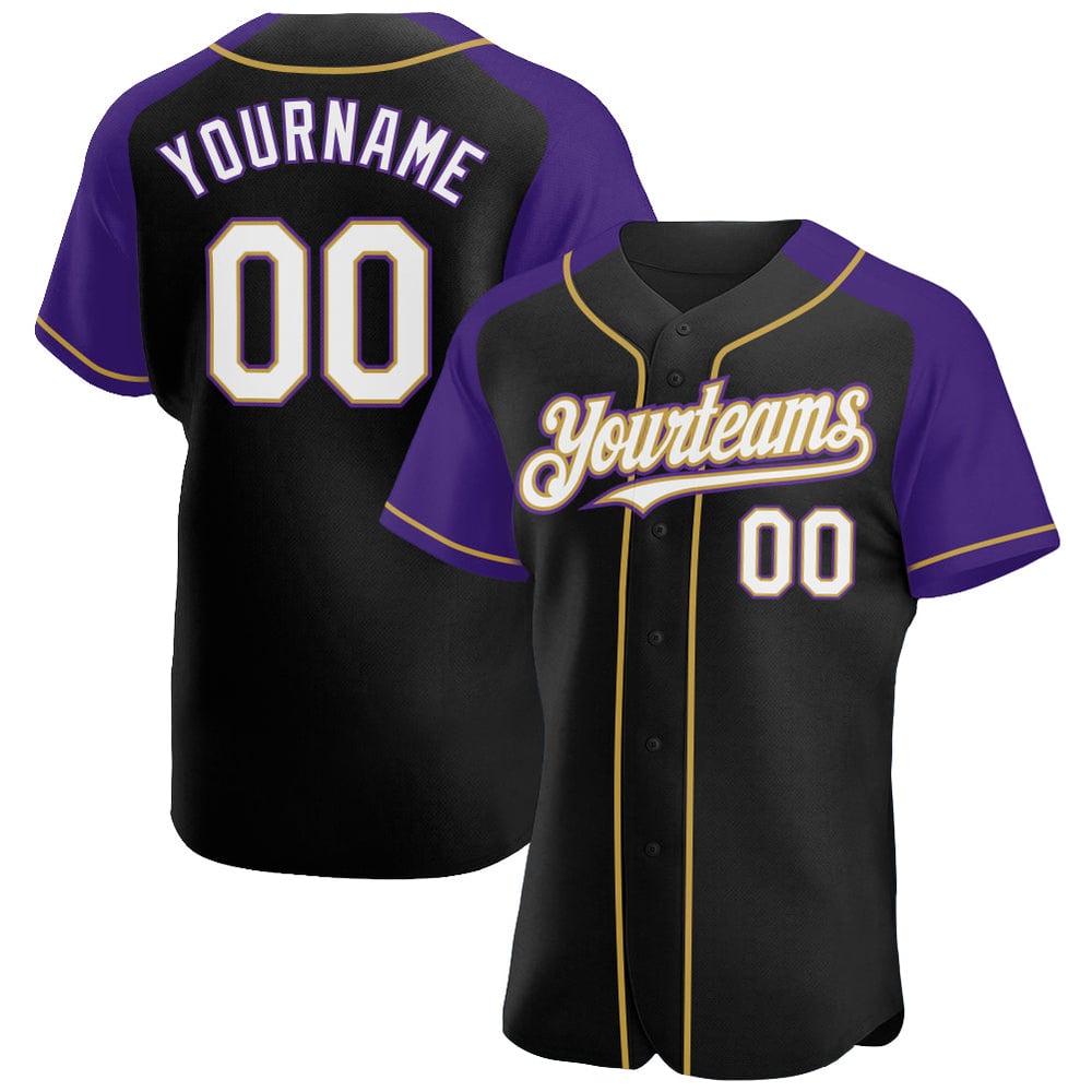 Custom Gold Jersey White Sleeves Raglan Purple-Old Black Authentic Baseball