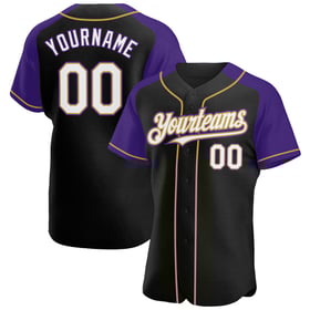 Custom Gold Jersey White Sleeves Raglan Purple-Old Black Authentic Baseball