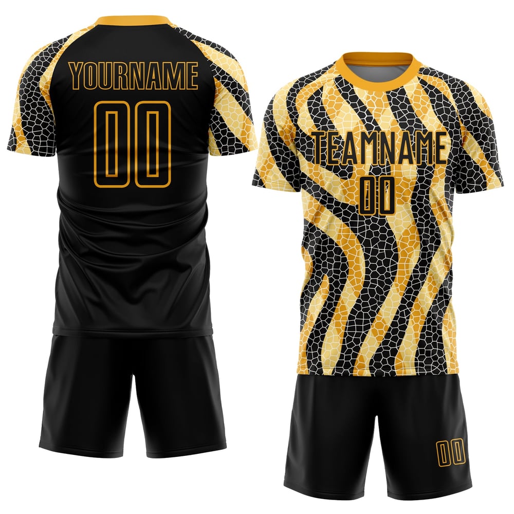 Camiseta personalizada de sublimación dorada, uniforme negro de fútbol con estampado animal