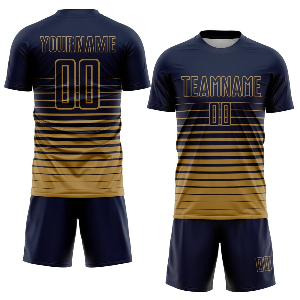 Maillot de football personnalisé à rayures bleu marine et or vieilli, imprimé par sublimation