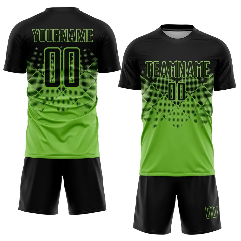 Maglia da calcio personalizzata verde neon nera con stampa a sublimazione