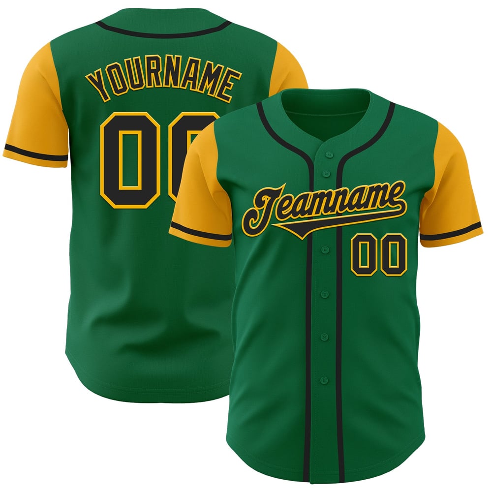 Jersey Kelly auténtico de béisbol verde personalizado en dos tonos negro y dorado