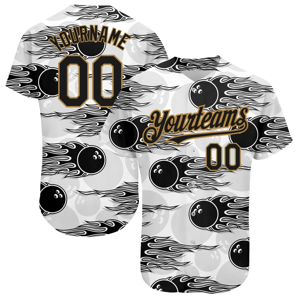 Camiseta Hotrod Flame Bowling, auténtico diseño personalizado en 3D con pelota de béisbol en negro y dorado antiguo y blanco.