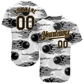 Camiseta Hotrod Flame Bowling, auténtico diseño personalizado en 3D con pelota de béisbol en negro y dorado antiguo y blanco.