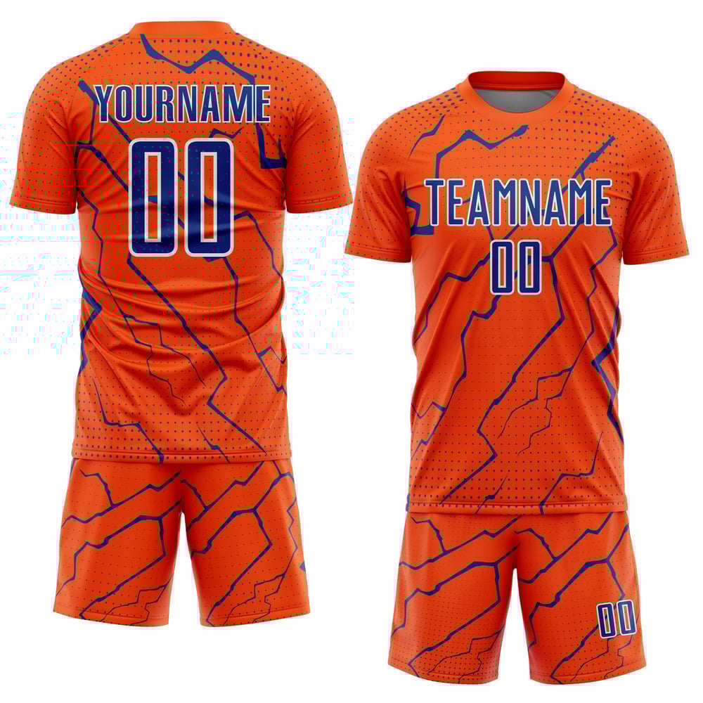 Maglia da calcio sportiva con stampa sublimatica personalizzata Orange Uniform Lightning Royal-White