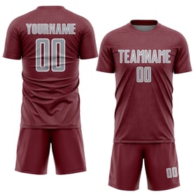 Maglia da calcio personalizzata con forma geometrica bordeaux, uniforme sportiva grigio-bianca, stampata a sublimazione
