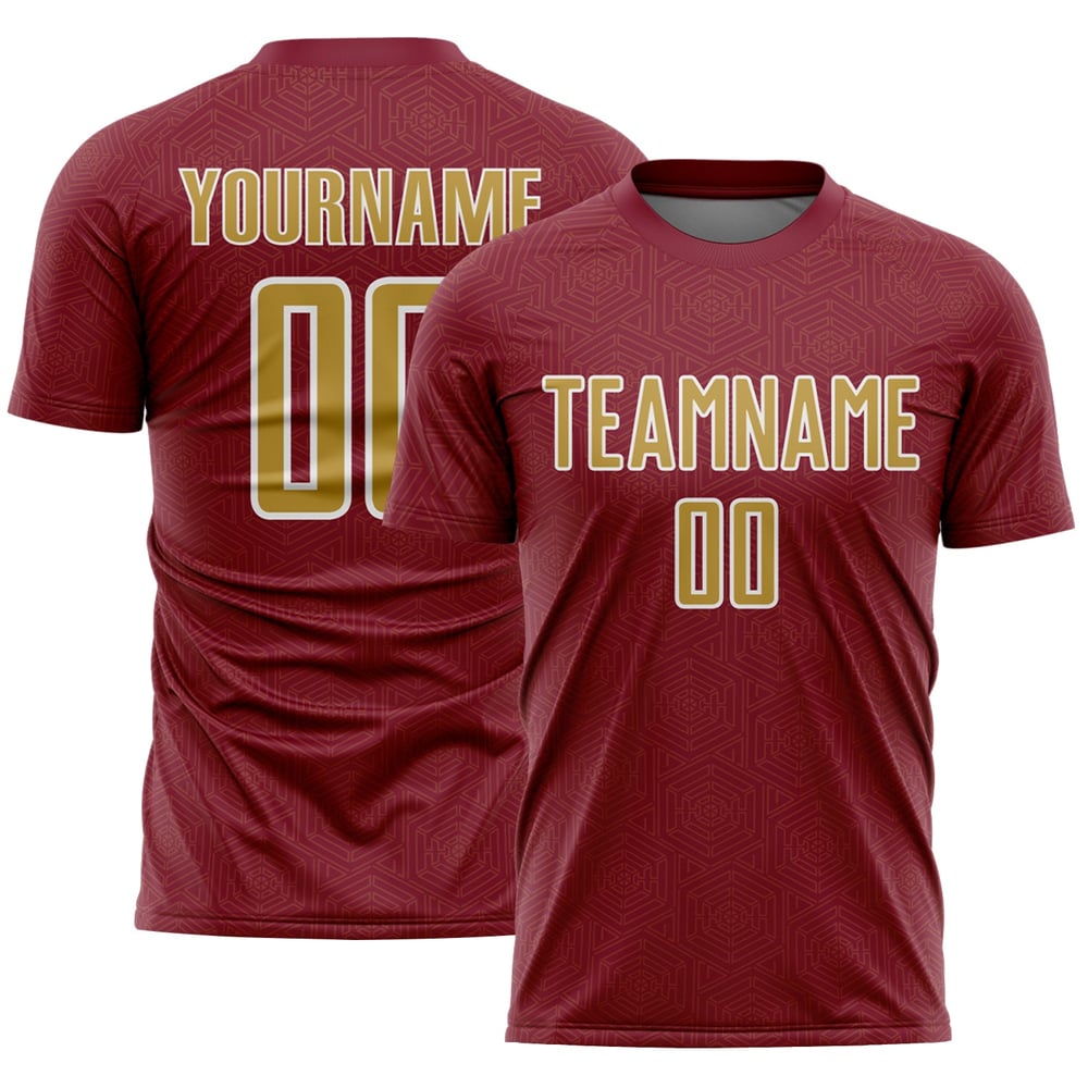 Maglia personalizzata da calcio sportiva con stampa a sublimazione geometrica Old Crimson, colore oro-bianco