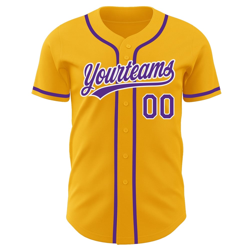 Camiseta de béisbol auténtica personalizada, color dorado, morado y blanco