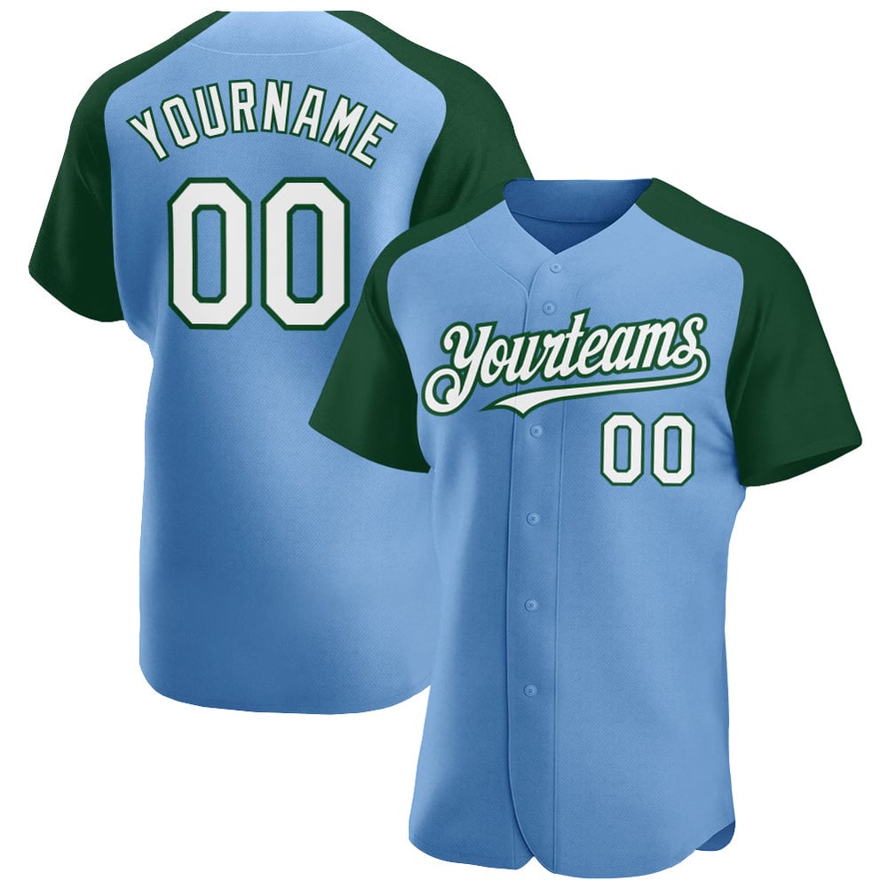 Light Blue White-Green Custom Jersey Sleeves Baseball Raglan Authentic