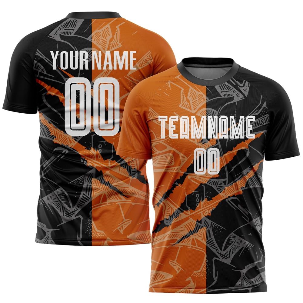 Camiseta de fútbol con grafiti y patrón de sublimación personalizado, color negro y naranja. Uniforme de Texas.