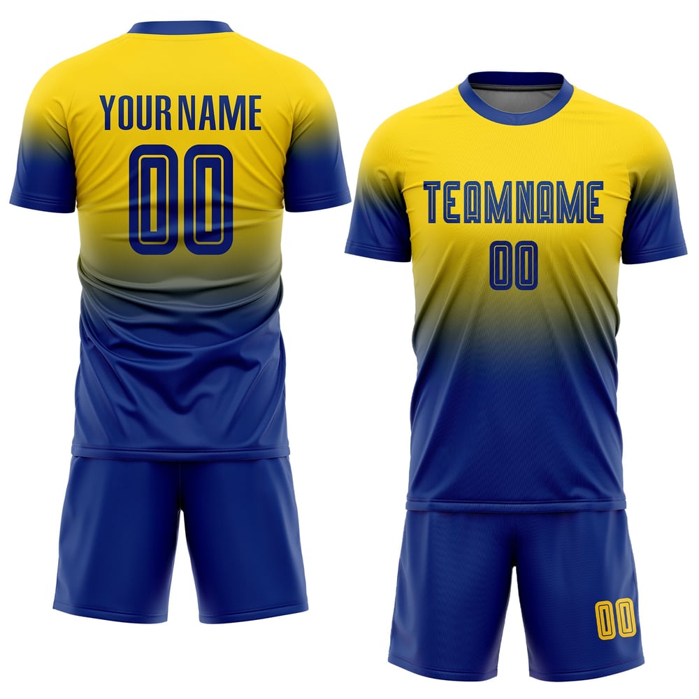 Fashion Jersey Sublimation Uniform Gold Royal Soccer Fade Custom