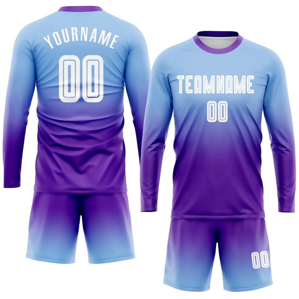 Maillot de football personnalisé à manches longues, bleu clair, blanc et violet, imprimé par sublimation