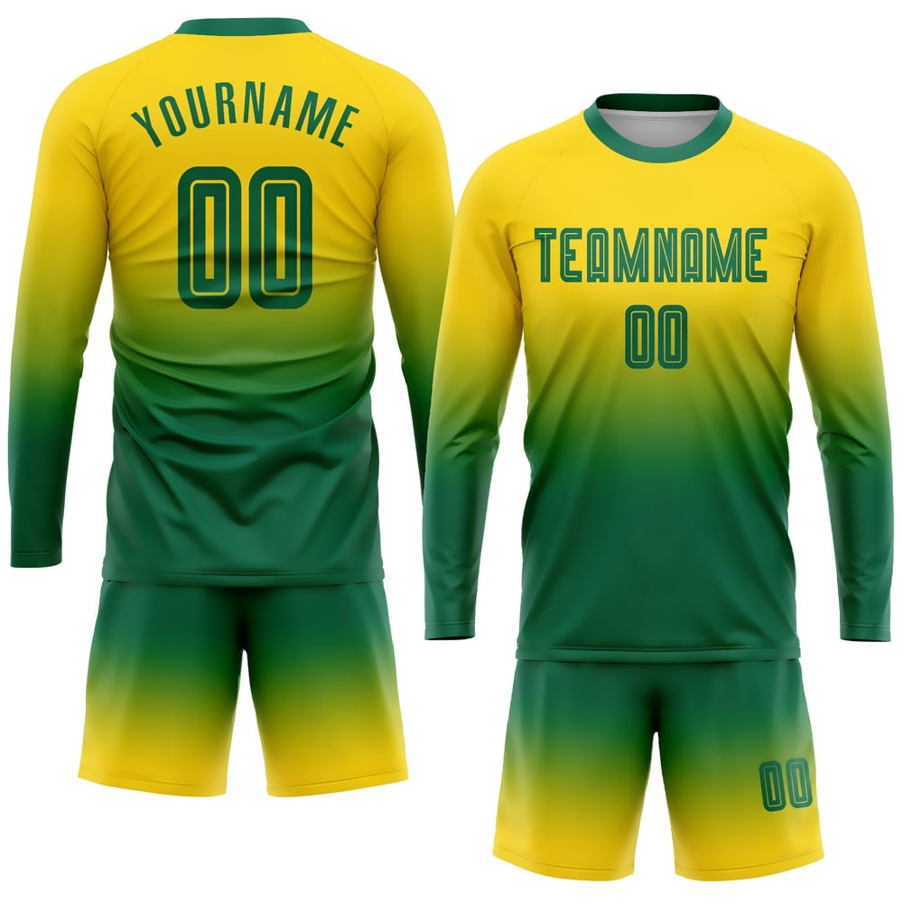 Camiseta de fútbol verde uniforme, de moda, de manga larga, sublimación, personalizada, color dorado Kelly
