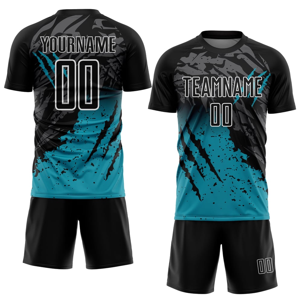 Teal-Weiß Splash Sublimation Fußball Custom Gradient Jersey Scratch Uniform Schwarz