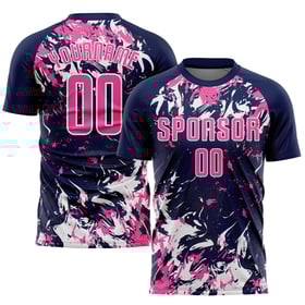 Maillot de football personnalisé bleu marine rose et blanc par sublimation