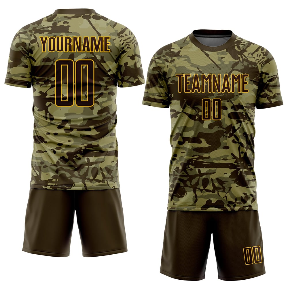 Salute Camo Sublimation Fotbollstjänst Till Anpassad Jersey Brun-Guld Uniform