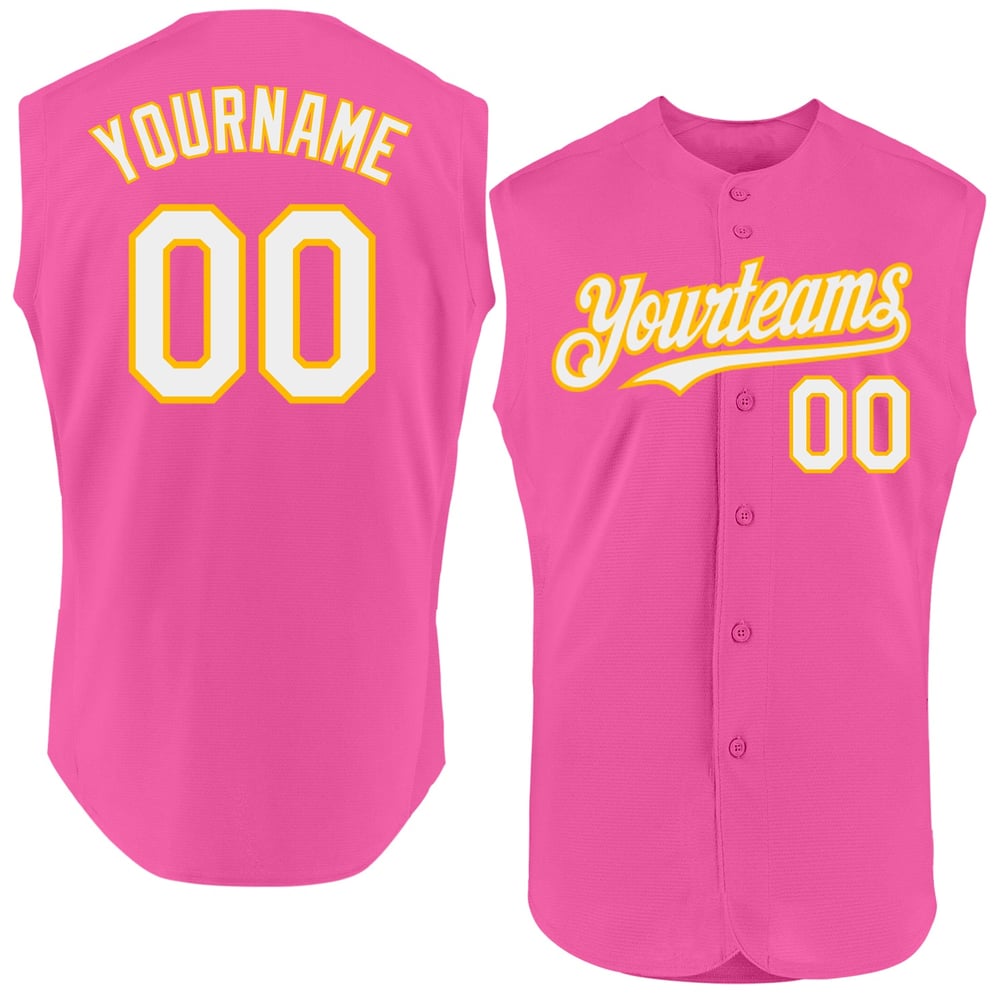 Custom Jersey Pink Sleeveless White-Gold Authentic Baseball