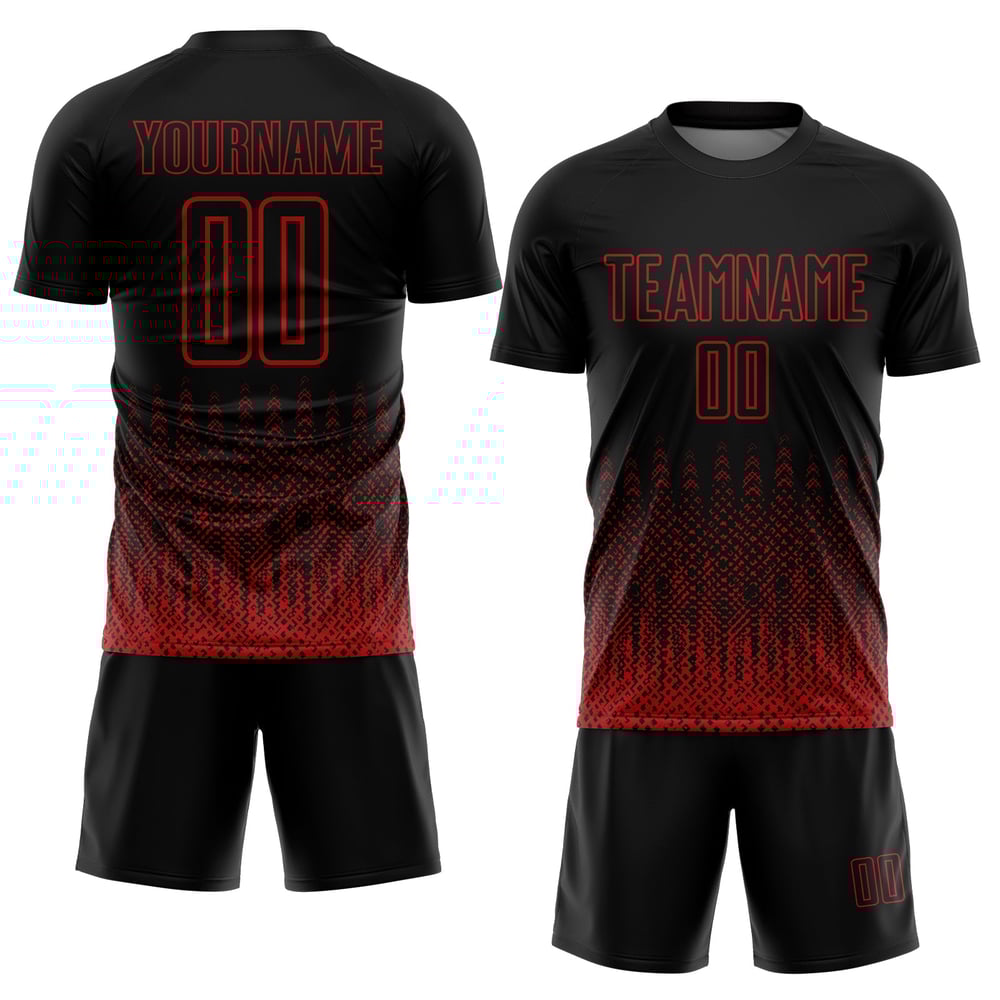 Uniform Schwarz Fußball Form Sublimation Geometrisch Benutzerdefinierte Rot Trikot