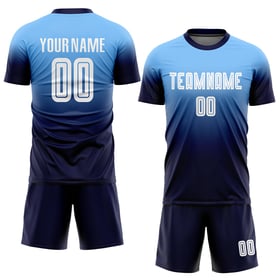 Maillot de football personnalisé bleu clair, blanc et bleu marine, imprimé par sublimation