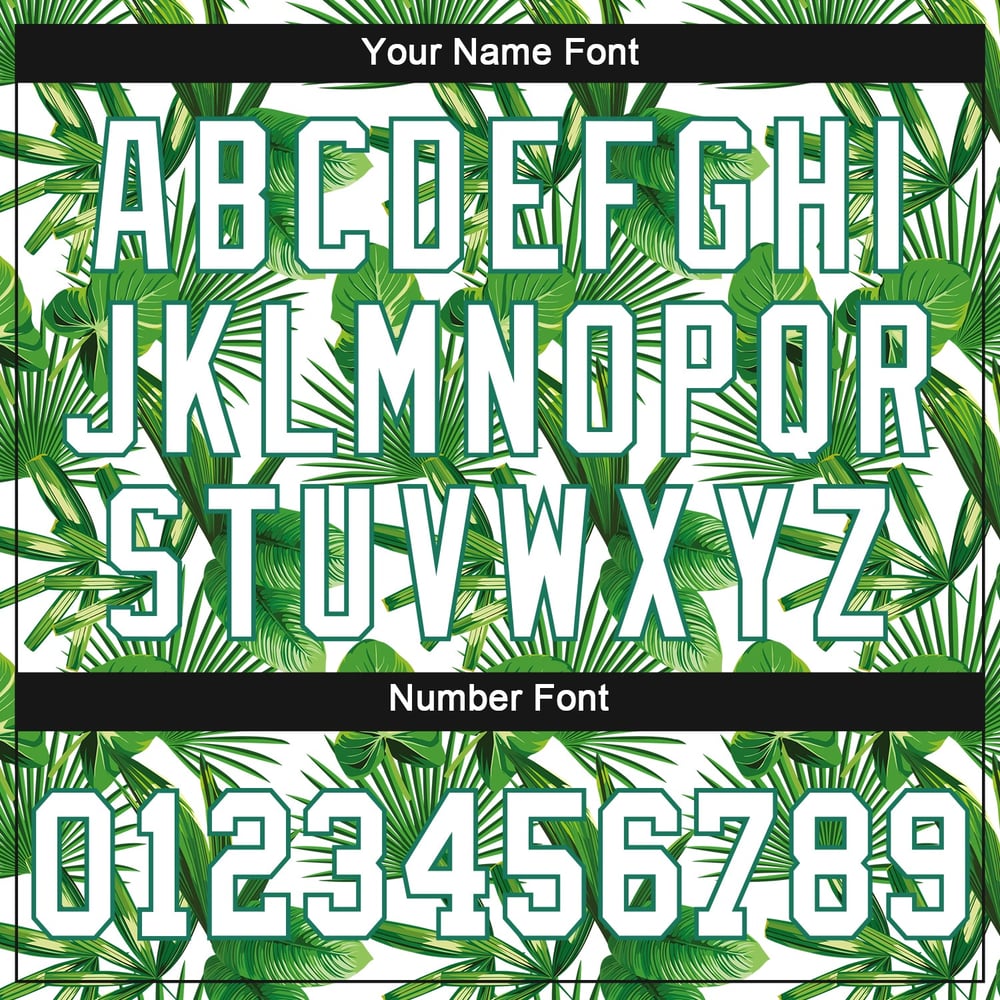 Camiseta Kelly de béisbol verde con diseño 3D de hojas y palmeras tropicales auténticas, color verde y blanco, personalizada.