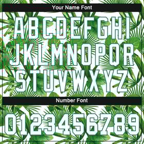 Camiseta Kelly de béisbol verde con diseño 3D de hojas y palmeras tropicales auténticas, color verde y blanco, personalizada.