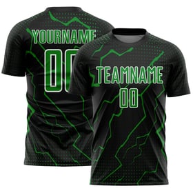 Maglia da calcio personalizzata con stampa sublimatica nera, verde e bianca, Lightning Grass
