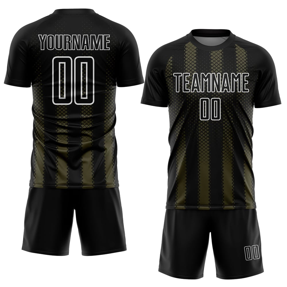 Schwarz-Oliv-Weiß Sublimation Fußballuniform Custom Jersey Geometrische Form