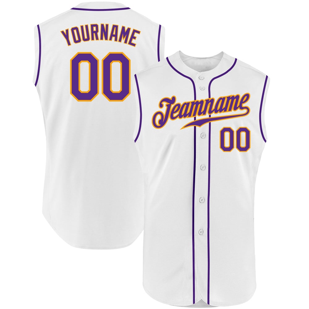 Purple-Gold Authentic Baseball Sleeveless Custom White Jersey