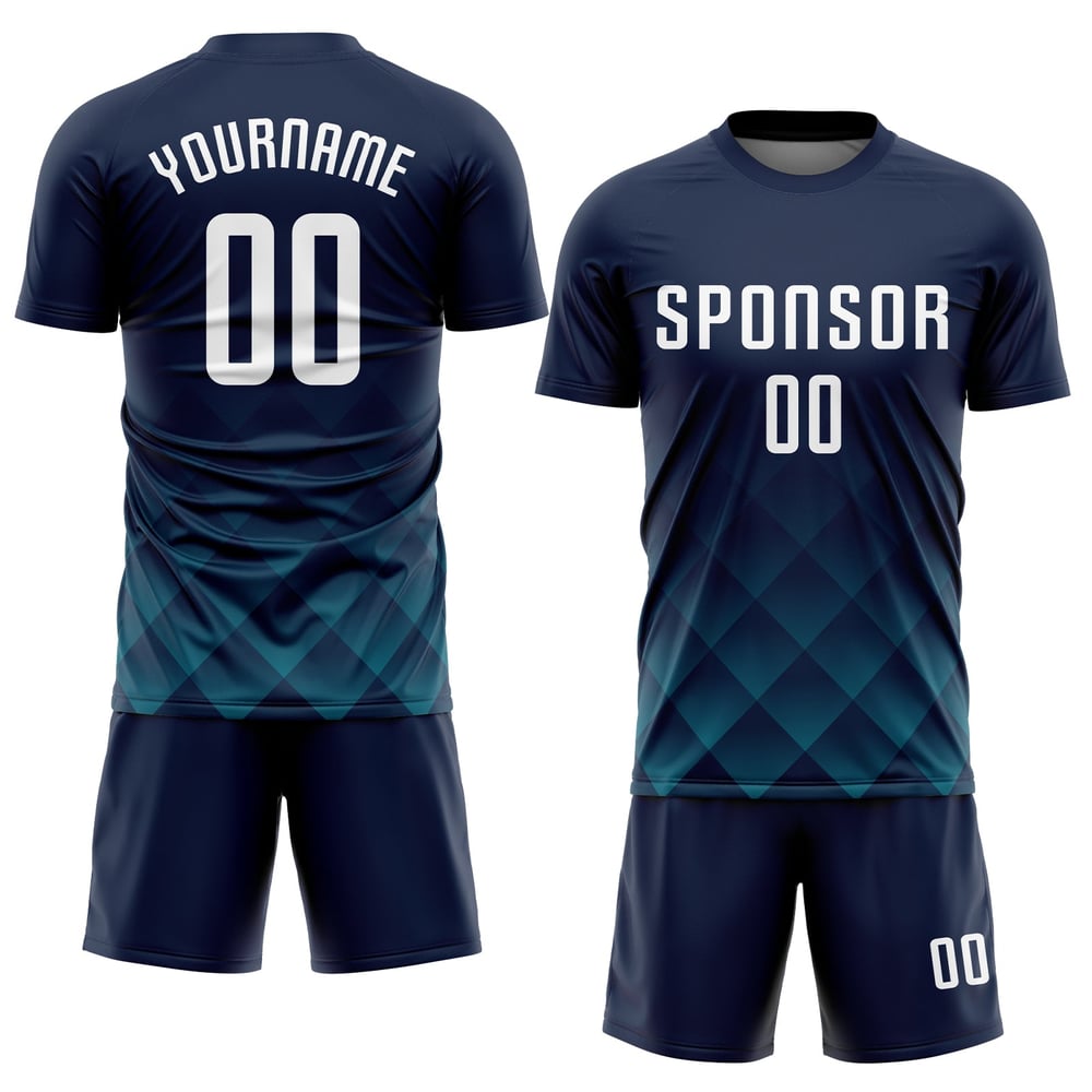 Sublimering Vit-Teal Marinblå Tröja Fotboll Anpassad Uniform