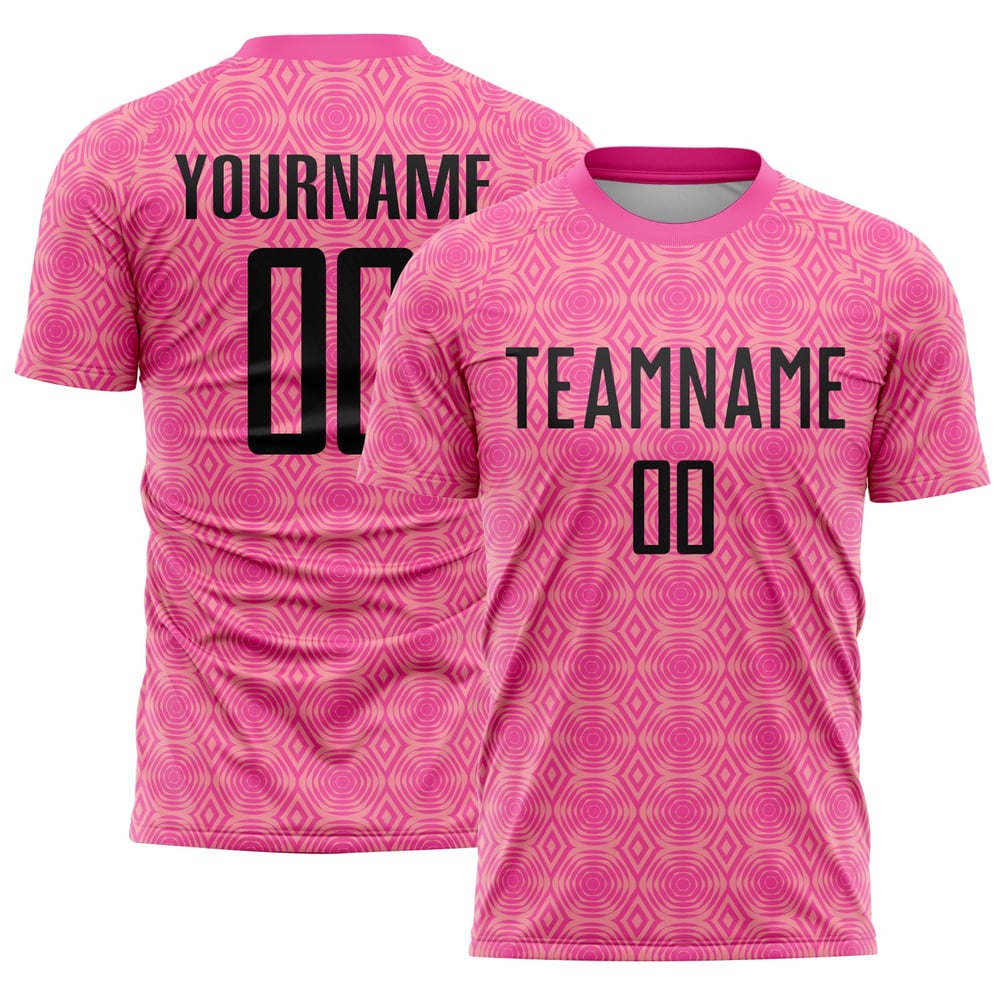 Camiseta de fútbol geométrica uniforme rosa, negra y rosa medio con sublimación personalizada