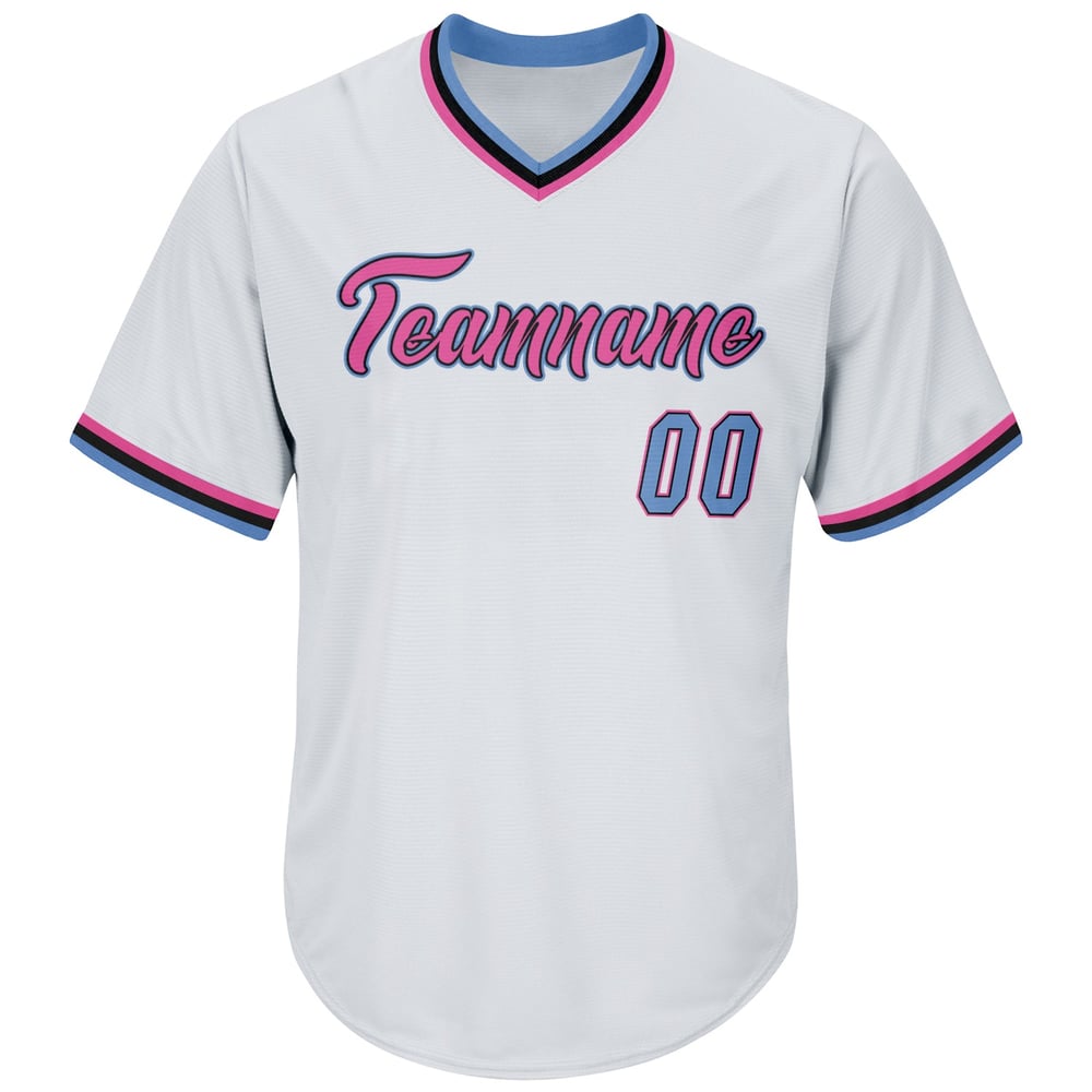 Camiseta de punto acanalado, auténtica, ligera, estilo béisbol retro, personalizada, blanca, azul y rosa