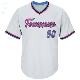Camiseta de punto acanalado, auténtica, ligera, estilo béisbol retro, personalizada, blanca, azul y rosa