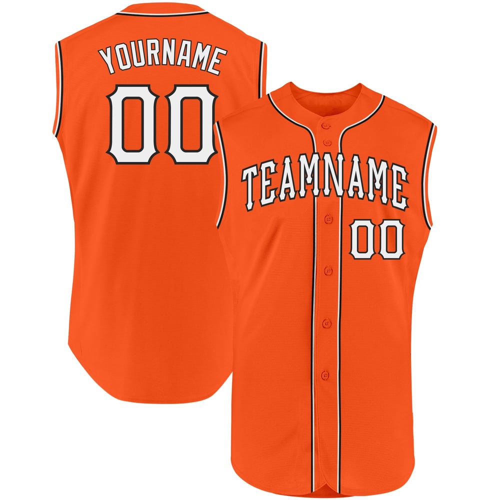 Camiseta de béisbol auténtica sin mangas, color naranja y blanco, personalizada y en negro.